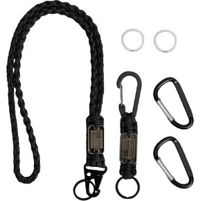 2 Pcs Paracord Lanyard Keychain, 1* Long and 1*Short Heavy Duty Braided Keychain Lanyard for Outdoor Activities, Camera, Keys, Wallets, Phones, Whistle, Traveling -Black