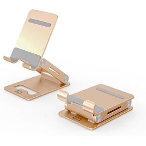 Minthouz Phone Stand Foldable & Adjustable Compact Aluminum Anti-Slip Pads, for Office Kindle Compatible Mobile Devices iPad Pro/Air/Mini/iPhone 16 15 Pro Maxand More 4.7''-7.9'' Smart Phones-Gold