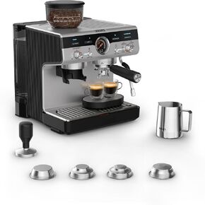 KRUPS Precision Espresso Coffee Machine with Grinder, Latte & Cappuccino Maker, Pump Pressure + Milk Frother Steam Wand, Adjustable Grind Settings for Barista-Quality Results, Stainless Steel & Black
