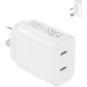 Australia/New Zealand/Argentina/Fiji Fast Charger Dual USB Type C AU Adapter Plug Type I Wall Block for Apple iPhone 16 15 14 13 12 Pro Max Samsung Google Pixel Moto PD PPS 20W/20W Travel Essentials