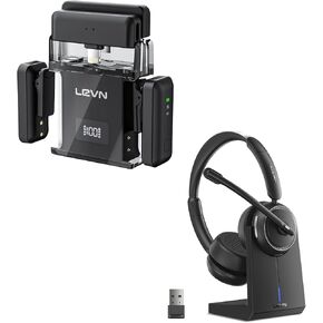 LEVN Upgraded Wireless Headset with Bluetooth and Lavalier Microphone (2 TX + 2 RX + Charging Case)