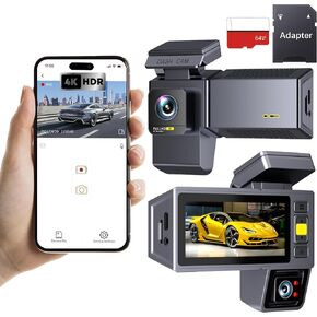 4K 3 Channel Dash Cam Built-in 5G WiFi App Control, 3.2 IPS Screen, 64GB SD Card Included, Night Vision, Loop Recording, G-Sensor, WDR, Voice Control, Parking Monitor, Dash Camera for Cars