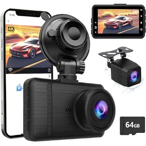 DashCam Front and Rear Dash Cam, 4K HD Dash Cam for Cars, Built-in WiFi, Night Vision, 170°Wide Angle, WDR, 24 Hours Parking Monitor, G-Sensor, Loop Recording, Free 64GB Card