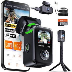 【Bundle: Vantrue E360 ACE 5.2K 360° Panoramic Dash Cam + Hardwire Kit +256GB microSD Card 】Handheld Camera, STARVIS 2, HDR, IR Night Vision, Front Rear Inside Dashcam, LTE Support, Voice/Touch Control