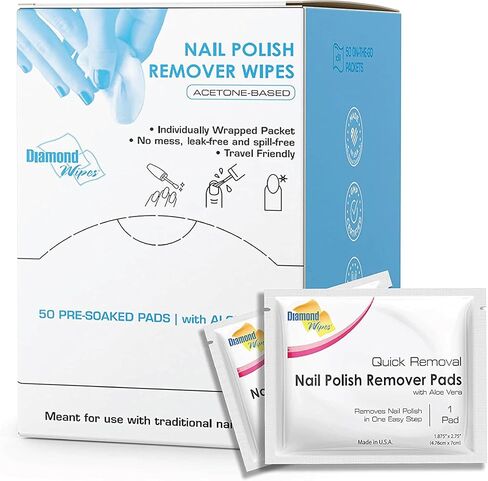 Diamond Wipes Nail Polish Remover Wipes with Aloe Vera, Acetone Nail Polish Remover Pads, 50 Individually Wrapped Nail Polish Wipes in Kuwait