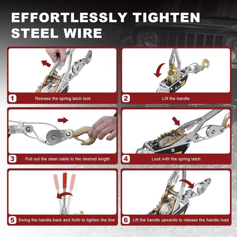 BIG RED T32054 Torin Come-Along Double Gear Hand Cable Puller with 3 Hooks: 4 Ton (8,000 lb) Capacity, Red in Kuwait