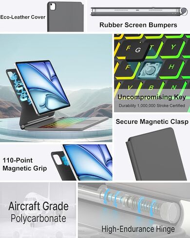 حالة لوحة المفاتيح Kvago لـ iPad Air 11 بوصة M3،2025/m2 ، 2024 و iPad Pro 11 inch (4/3rd/2nd/1st gen) - لوحة تتبع متعددة اللمسات ، حالة لوحة مفاتيح سحرية لجهاز iPad 5th/4th Gen ، Rainbow Colort ، Black in Kuwait
