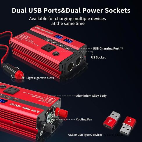 400W Power Inverters for Vehicles DC 12V to 110V AC Car Truck with Dual AC Outlets USB with 2 Type-C,12 Volt Inverter Car Cigarette Lighter Battery Inverter in Saudi Arabia