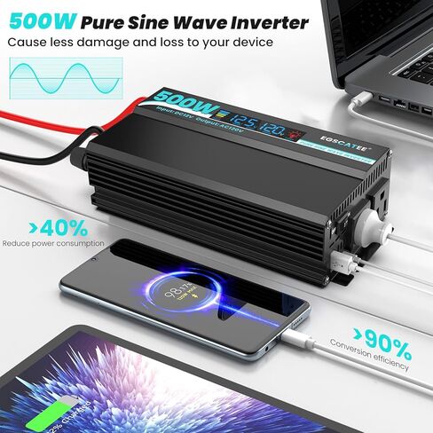 1000W Pure Sine Wave Inverter - 12V DC to 110V/120V AC Car Power Converter with 2 AC Outlets, USB Port, Type-C Port, LCD Display Power Inverter for Car, Truck, Home, Vehicles, Laptop in Kuwait
