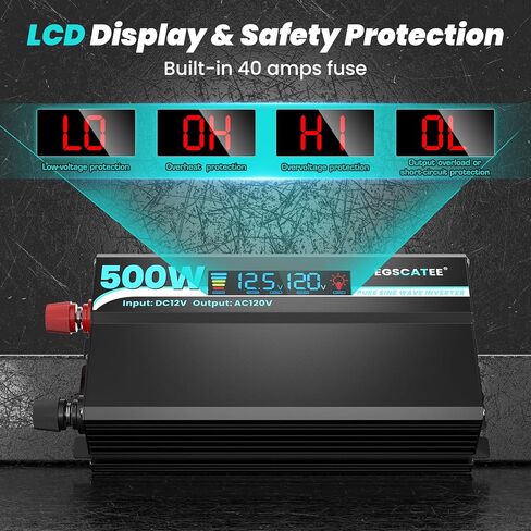 1000W Pure Sine Wave Inverter - 12V DC to 110V/120V AC Car Power Converter with 2 AC Outlets, USB Port, Type-C Port, LCD Display Power Inverter for Car, Truck, Home, Vehicles, Laptop in Kuwait
