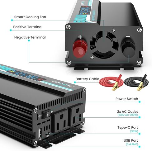 1000W Pure Sine Wave Inverter - 12V DC to 110V/120V AC Car Power Converter with 2 AC Outlets, USB Port, Type-C Port, LCD Display Power Inverter for Car, Truck, Home, Vehicles, Laptop in Kuwait