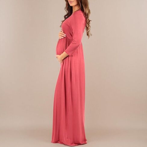 Mother Bee Maternity V-Neck 3/4 Sleeve Ruched Waist Dress in Kuwait