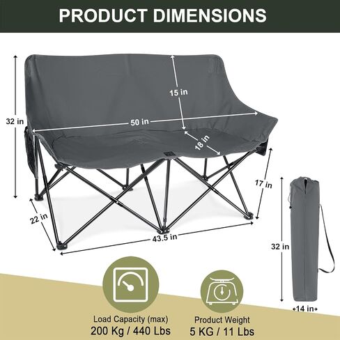 Joyfair Camping Chair for Adults(Double-seat), Outdoor Portable Folding Loveseat Camp Chair with Carry Bag for Picnic Hiking Fishing, 3-Layers Cushion (600D Oxford Fabric & Pearl Cotton) (Grey) in Saudi Arabia