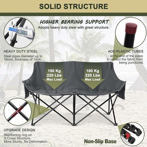 Joyfair Camping Chair for Adults(Double-seat), Outdoor Portable Folding Loveseat Camp Chair with Carry Bag for Picnic Hiking Fishing, 3-Layers Cushion (600D Oxford Fabric & Pearl Cotton) (Grey) in Saudi Arabia