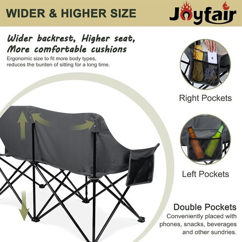 Joyfair Camping Chair for Adults(Double-seat), Outdoor Portable Folding Loveseat Camp Chair with Carry Bag for Picnic Hiking Fishing, 3-Layers Cushion (600D Oxford Fabric & Pearl Cotton) (Grey) in Saudi Arabia