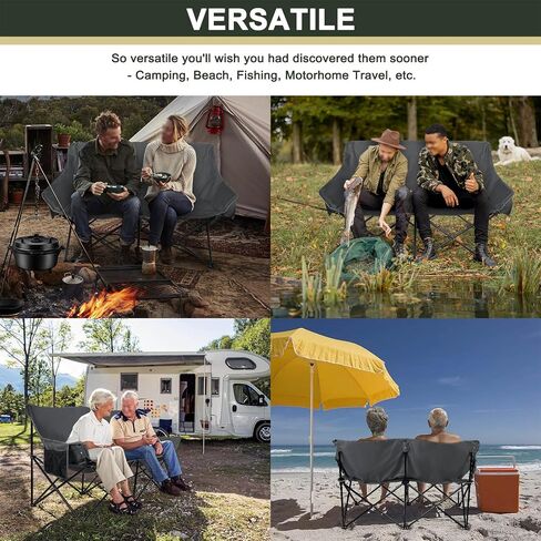 Joyfair Camping Chair for Adults(Double-seat), Outdoor Portable Folding Loveseat Camp Chair with Carry Bag for Picnic Hiking Fishing, 3-Layers Cushion (600D Oxford Fabric & Pearl Cotton) (Grey) in Saudi Arabia