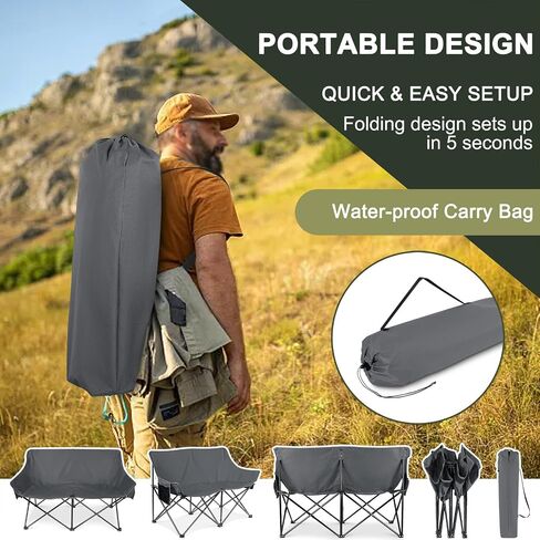 Joyfair Camping Chair for Adults(Double-seat), Outdoor Portable Folding Loveseat Camp Chair with Carry Bag for Picnic Hiking Fishing, 3-Layers Cushion (600D Oxford Fabric & Pearl Cotton) (Grey) in Saudi Arabia