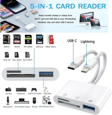 SD Card Reader for iPhone iPad Mac, USB C and Lightning Dual Connector Memory Card Reader, Digital Trail Camera Adapter to iPhone SD Card Viewer with SD/Micro SD/USB-A 3 Slot, No App Plug and Play in Saudi Arabia