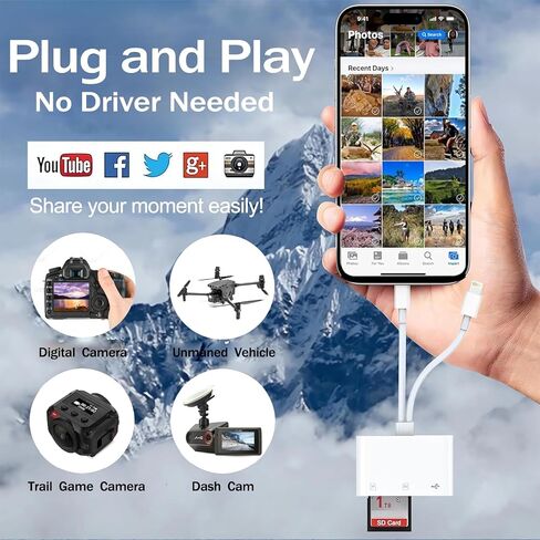 SD Card Reader for iPhone iPad Mac, USB C and Lightning Dual Connector Memory Card Reader, Digital Trail Camera Adapter to iPhone SD Card Viewer with SD/Micro SD/USB-A 3 Slot, No App Plug and Play in Saudi Arabia