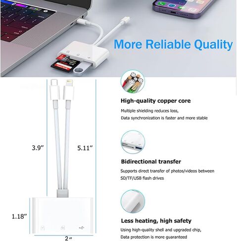 SD Card Reader for iPhone iPad Mac, USB C and Lightning Dual Connector Memory Card Reader, Digital Trail Camera Adapter to iPhone SD Card Viewer with SD/Micro SD/USB-A 3 Slot, No App Plug and Play in Saudi Arabia