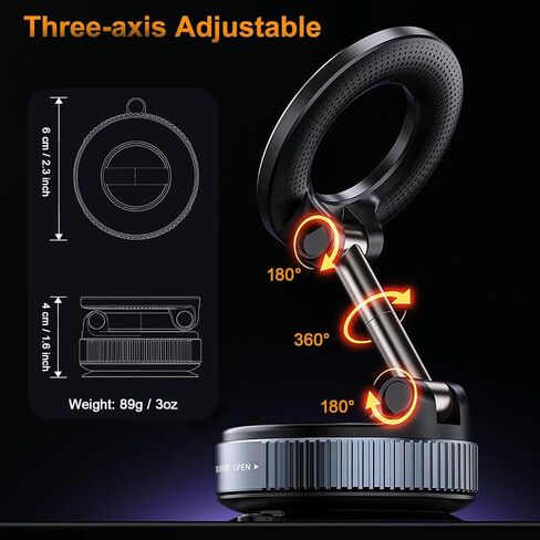 720°Rotatable Vacuum Magnetic Phone Stand, Vacuum Magnetic Phone Holder Foldable&Adjustable, Suction Cup Phone Mount for Car/Gym/Mirror/Shower/Smooth Surface, Compatible iPhone 16 15 14 13 12 &Android in Saudi Arabia