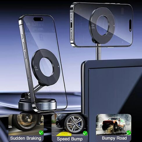 720°Rotatable Vacuum Magnetic Phone Stand, Vacuum Magnetic Phone Holder Foldable&Adjustable, Suction Cup Phone Mount for Car/Gym/Mirror/Shower/Smooth Surface, Compatible iPhone 16 15 14 13 12 &Android in Saudi Arabia