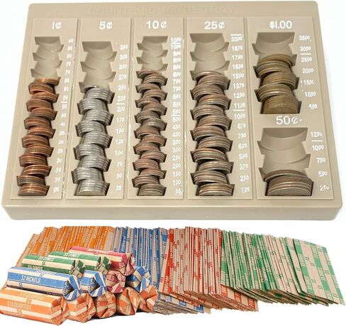 Coin Counter Sorter Money Tray - Blundle with 64 Coin Roll Wrappers – 6 Compartment Change Organizer and Holder -Blue Color- Ideal for Bank, Business or Home Use in Kuwait