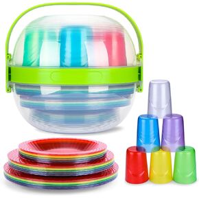 Portable Camping Dinnerware Set - Reusable Unbreakable Tableware, 15 Plates & 6 Cups BPA-Free Dishwasher-Safe for Outdoor Picnic RV Travel