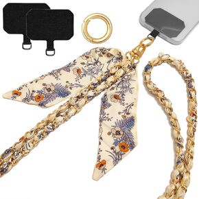 Phone Lanyard Stylish Metal Silk Scarf Phone Charms Crossbody Phone Strap Crossbody Phone Lanyard for Purses Charms (Apricot Flowers)