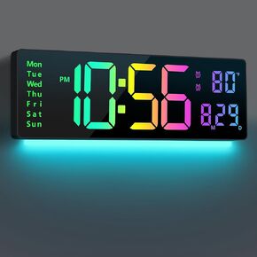 Digital Wall Clock Large Display 16", Digital Clock with 11 RGB Colors Changing Remote Control, LED Clocks with Night Lights for Living Room Bedroom Office Classroom Decor, Auto DST (Multicolor)