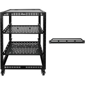 Tecmojo 16U Open Frame Network Rack with Casters & 24 Port Patch Panel with Cable Management
