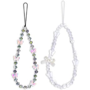2Pcs Phone Charms Strap, Beaded Phone Wrist Straps for Women Cute Crystal Butterfly Pearl Phones Bracelet Lanyard for Camera Keychain Wallet Pendant Decor