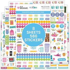 bloom daily planners New Teacher Planner Sticker Pack - School Themed Planning Sticker Sheets for Educators, Homeschoolers, etc.- 8 Sheets/586 Stickers per Pack!