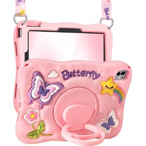 for iPad 10th Generation Case 10.9 Inch 2022, for iPad (A16) 11th Generation Case 2025 - for Girls Cute Girly Kawaii 3D Butterfly Design Cover with Rotating Stand & Strap Unique Silicone Cases