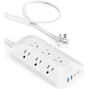 5ft Flat Plug Extension with 4 USB(2 USB C), 3-Sided 9 Outlets Multiple Plug Expander Wall Charger, Ultra Thin Extension Cord, Power Strip Surge Protector for Home Office Kitchen. White