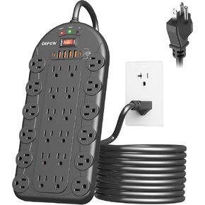 20AMP ​​واقي زيادة في قطاع الطاقة الثقيلة ، ETL المدرجة ، مخرج T-Slot 20A ((قابس رأسي) ， 6.5 قدم 12 سلك تمديد المقياس مع 24 منفذ AC (2500W) 6 منافذ USB (2 USB C) للمرآب الصناعي
