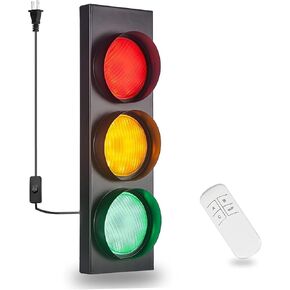 Traffic Light Wall Lamp Remote Control Retro Kids Bedroom Stop Light, Plug in Industrial LED Wall Sconce, 18.5’’ Vintage Fun Signal Lights for Home Office Bar Garage Car Room Decor Christmas