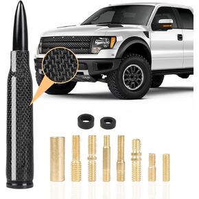 Universal Carbon Fiber 50 Cal Bullet Short Truck Antenna Fits for All Chevy GMC Ford Jeep Dodge Toyota 5.5" AM/FM Radio Antenna for All Truck Car Accessories (Red+Carbon Fiber)