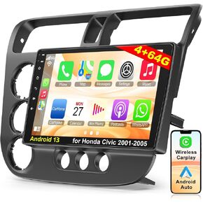 Android 13 Car Stereo for Honda Civic 2001-2005 4G RAM+64G ROM, 9 Inch IPS Touch Screen Car Radio with Wireless Carplay/Android Auto,GPS, WiFi, Bluetooth5.2, Support OBD2/DVR/DSP