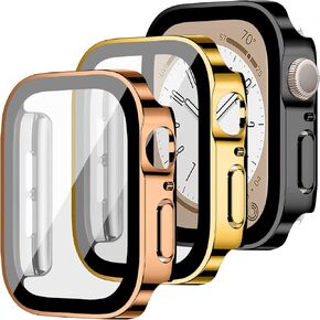 3 Pack Screen Protector Case for Apple Watch Series 9/8/7,Plated Anti-Scratch Ultra Thin All-Around Protective Bumper Shell Cover with HD 9H Tempered Film for iWatch 41mm,Transparent+Black+Silver