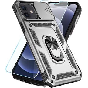 SunStory iPhone 12/12 Pro Case with HD Screen Protector & Slide Camera Cover & Rotated Ring Kickstand, Military-Grade, Red