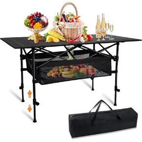 Folding Portable Camping Table, Outdoor Aluminum-Top Roll-up Table Height Adjustable Camp Grill Table for BBQ Party Backyard Hiking Beach with Mesh Storage & Carrying Bag (Black, 35.4" L)