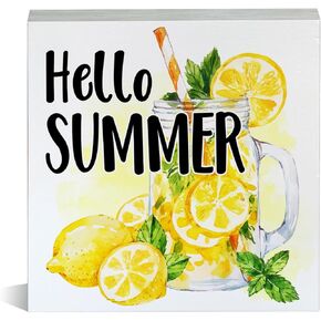 Farmhouse Summer Theme Wooden Box Sign Lemonade Lemons Wood Block Tabletop Sign Decorative Summer Desk Sign Home Kitchen Shelf Decor 5 X 5 Inches