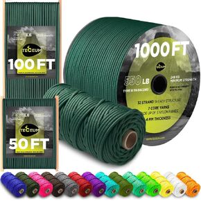 TECEUM Paracord Type III 550 Dark Emerald Green – 1000 ft – 4mm – Tactical Rope MIL-SPEC – Outdoor para Cord –Camping Hiking Fishing Gear and Equipment – EDC Parachute Cord – Strong Survival Rope 022