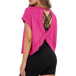 MIHOLL Womens Oversized Workout Crop Tops Open Back Casual Short Sleeve Crew Neck Cotton Loose Boxy Tshirts