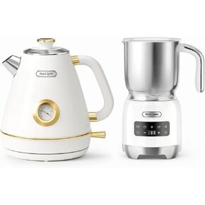 Hazel Quinn Retro Electric Tea Kettle & Milk Frother Set - 1.7L Stainless Steel Electric Kettle with Thermometer, 5-Function Frother for Hot & Cold Drinks-White