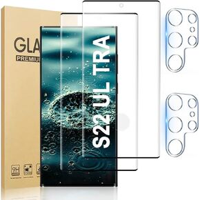 [2+2 Pack] Galaxy S22 Ultra 5G Screen Protector, Tempered Glass Screen and Camera Lens Protector, 3D Curved, 9H Hardness, Touch Sensitive, Fingerprint Support