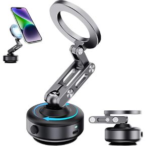 Vacuum Magnetic Car Phone Mount, 360 Adjustable Suction Cup Phone Mount, Foldable Smart Double-Sided Magnetic Phone Holder, from Desk to Car (Gray)