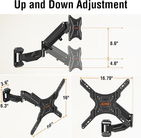 ELIVED Height Adjustable TV Wall Mount for Most 23-55 Inch tv, Spring Arm Full Motion Swivel Tilt Articulating TV Mount Bracket, Max VESA 400x400mm, Support 11-66 lbs, Matte Black. in Kuwait
