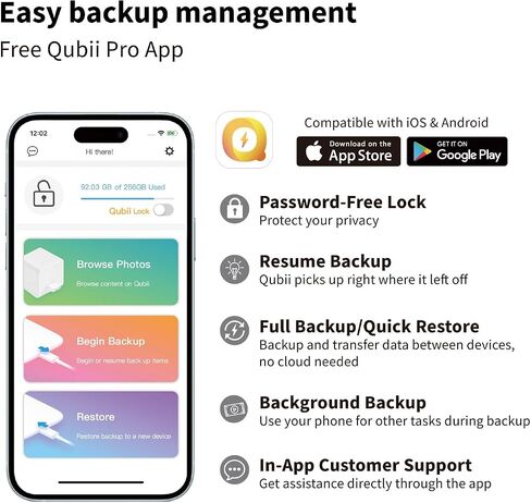 MAKTAR Qubii EX - USB-C Fits iPad Flash Drive for Android Smartphone iPhone Backup Flash Drive iPhone Photo Backup Storage Device with File Organizer App - White with 512GB in Kuwait